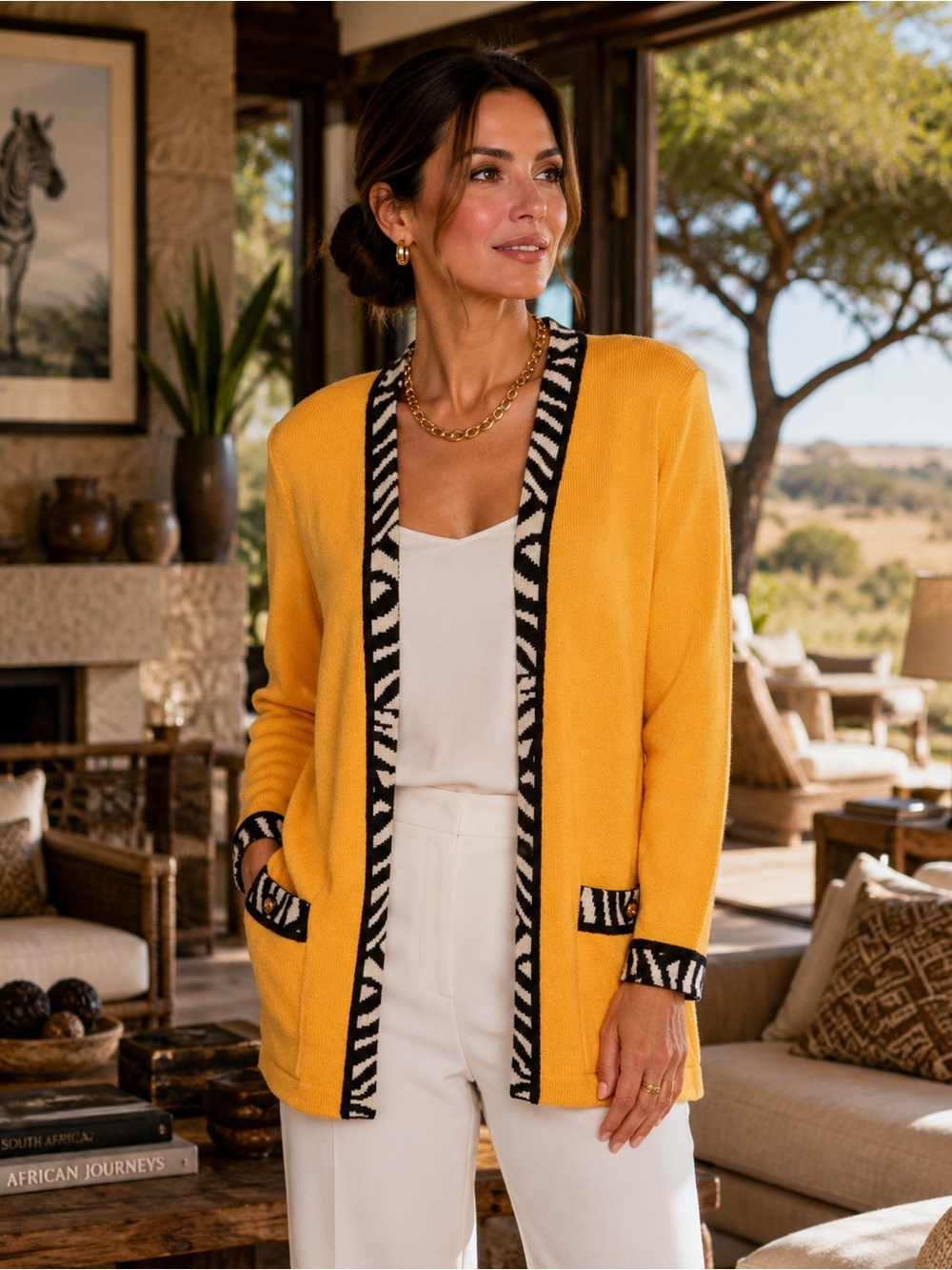 St. John Yellow with black & white animal-print trim Open Front Cardigan – Sz. S